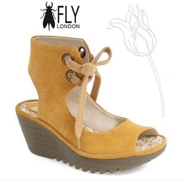 FLY LONDON | Yaffa 2.5"Wedges Sandals Yellow Suede Lace-up EU 38 / US7.5‐8 EUC - Picture 1 of 14